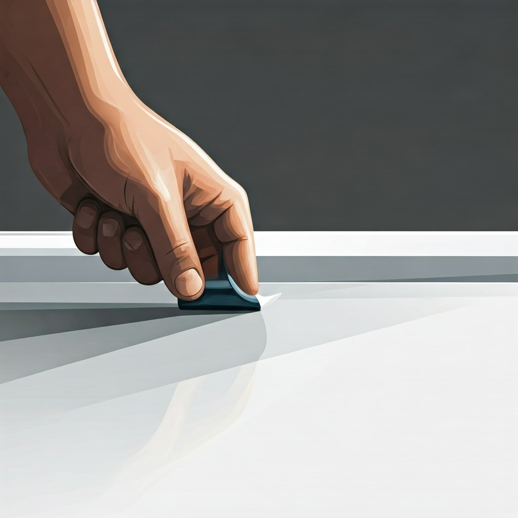 Hand peeling protective film from a glossy epoxy floor finish